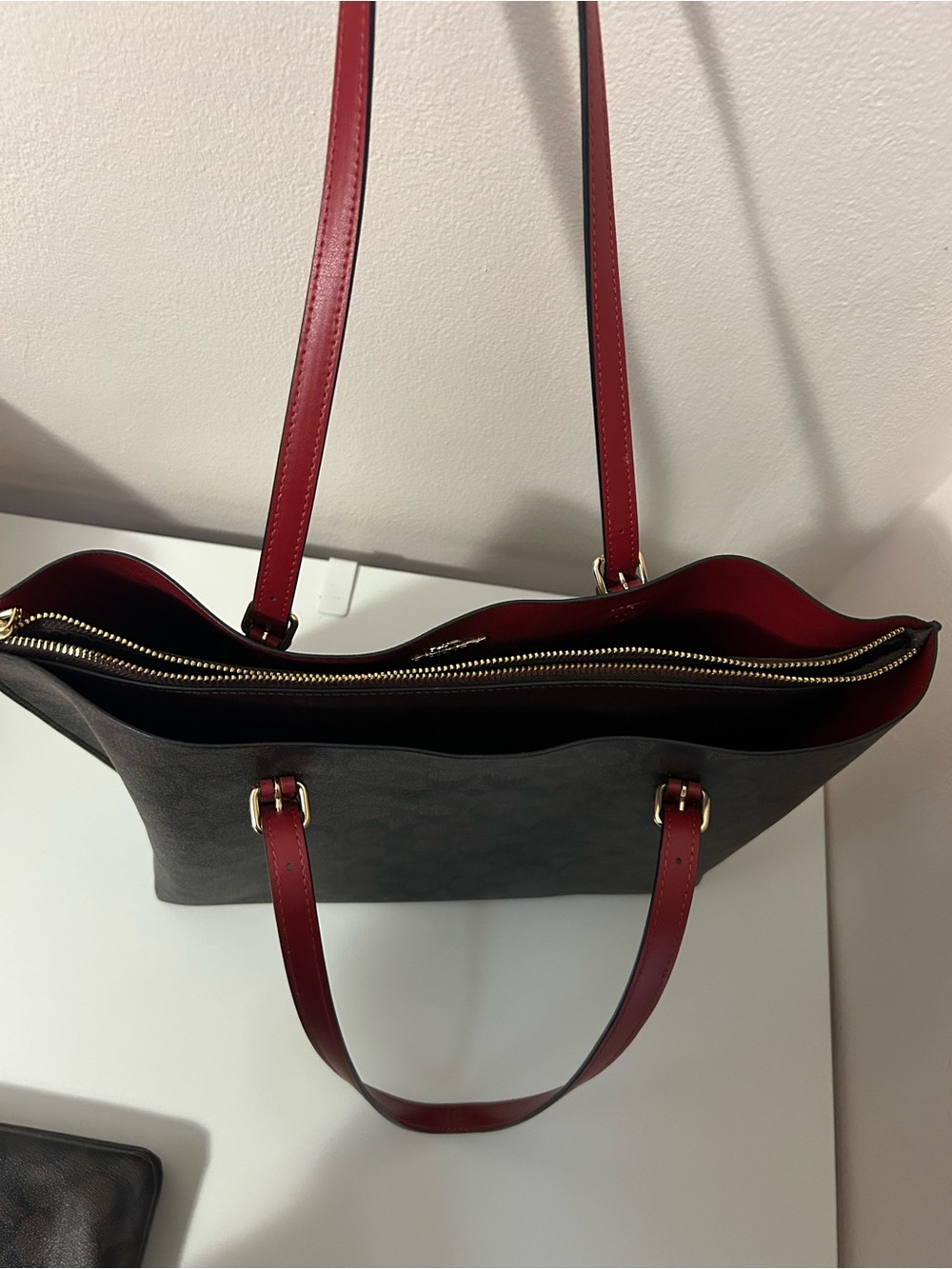 Coach Brown Signature Tote with Red Trim and Pouch - Picture 4 of 4
